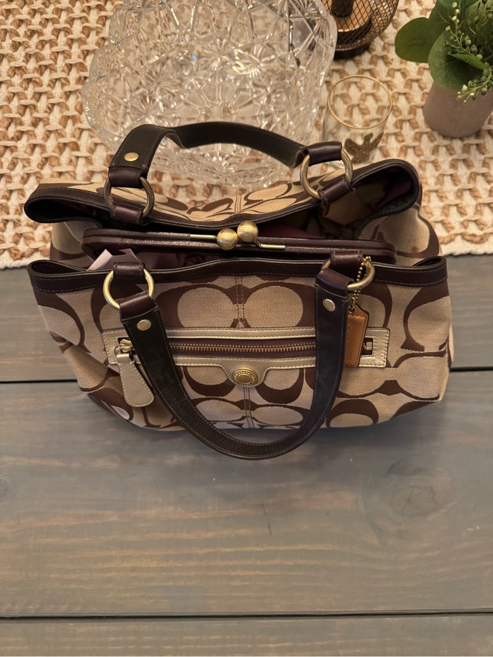 Coach Brown Signature Canvas Shoulder Bag with Dark Brown Trim - Picture 2 of 3
